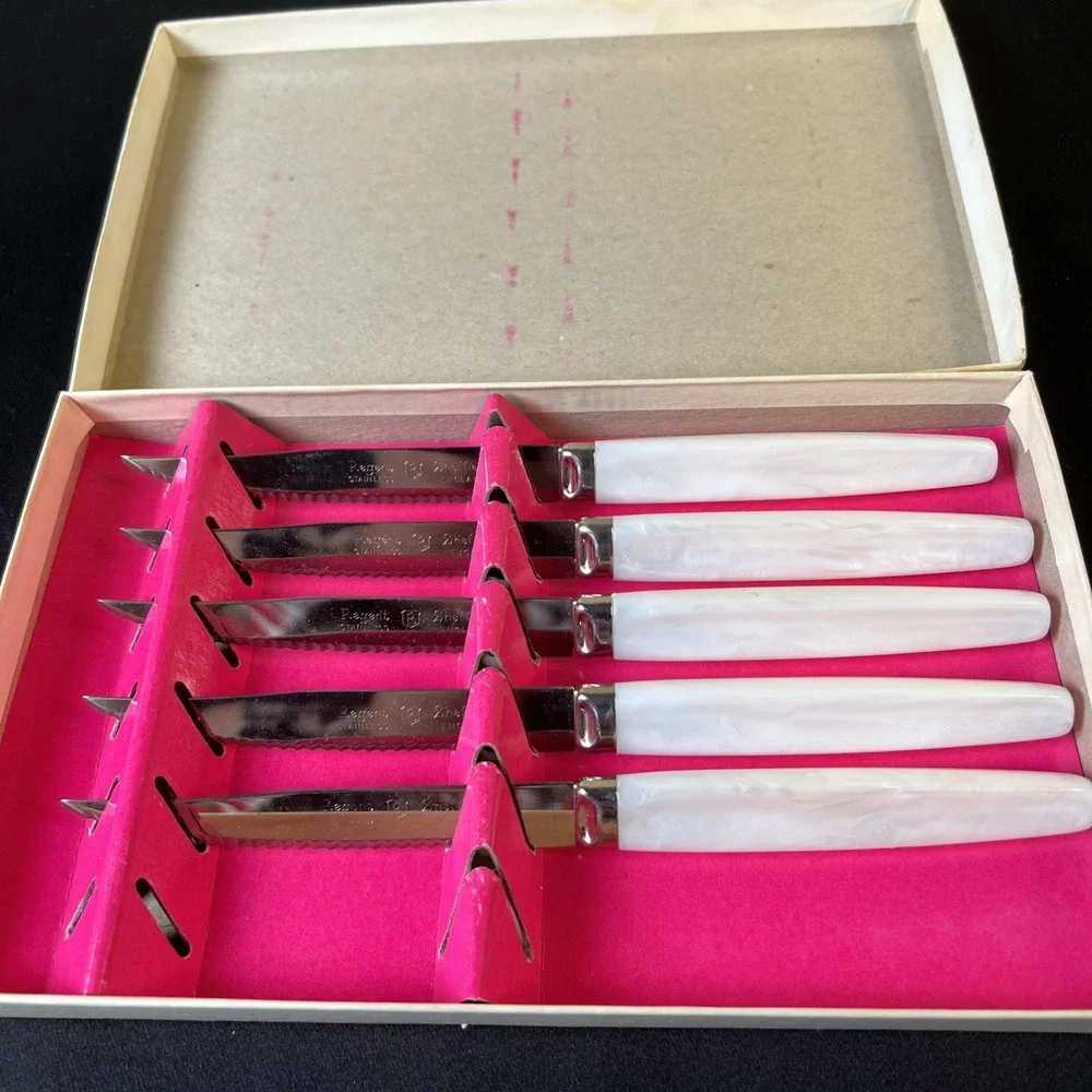 Vtg- 5/ Regent Stainless Sheffield Steak Knife Set Cream/White Handles, England